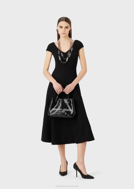 femei R802G76 Rochie midi techno-cady evazată cu decolteu în V Armani negru