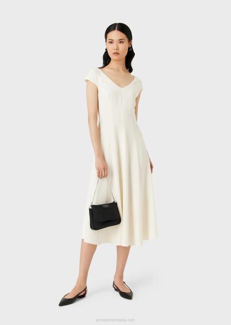 femei R802G77 Rochie midi techno-cady evazată cu decolteu în V Armani alb