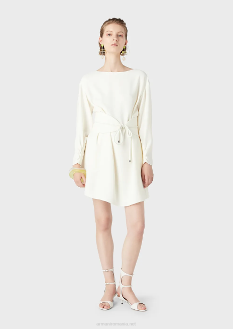 femei R802G85 rochie tunică din cady tehnic cu eșarfă Armani alb