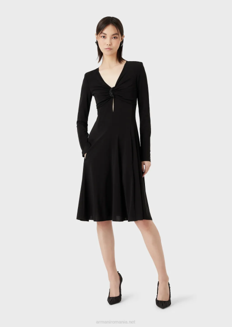 femei R802G87 rochie cu viraj și strasuri din crep din jerseu elastic Armani negru
