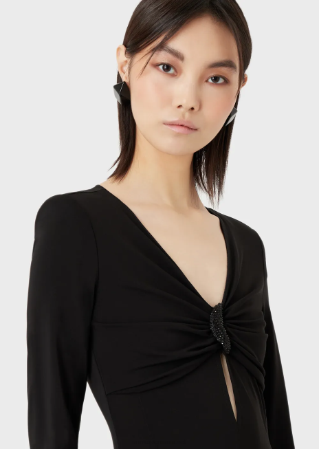 femei R802G87 rochie cu viraj și strasuri din crep din jerseu elastic Armani negru