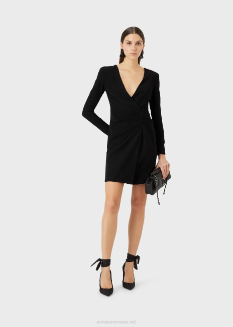 femei R802G88 rochie tehnică drapată în cady, cu decolteu încrucișat Armani negru