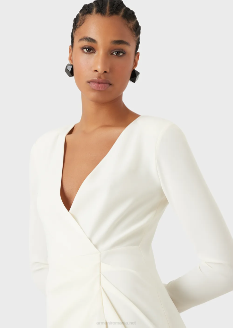femei R802G89 rochie tehnică drapată în cady, cu decolteu încrucișat Armani alb