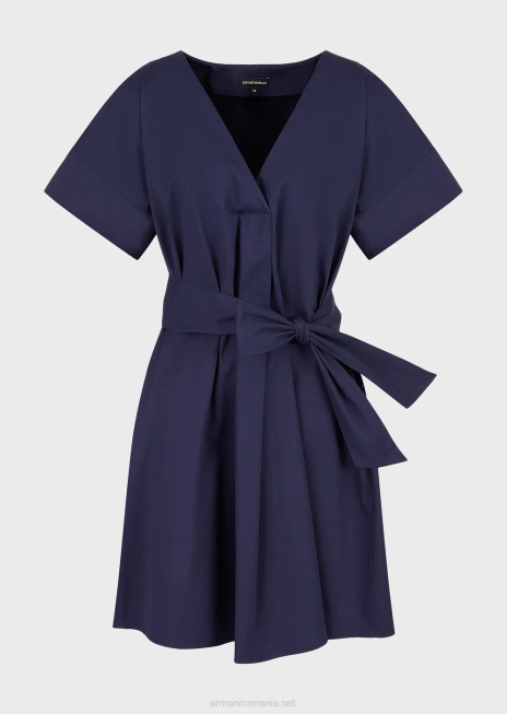 femei R802G93 rochie din bumbac șlefuit cu eșarfă Armani albastru marin