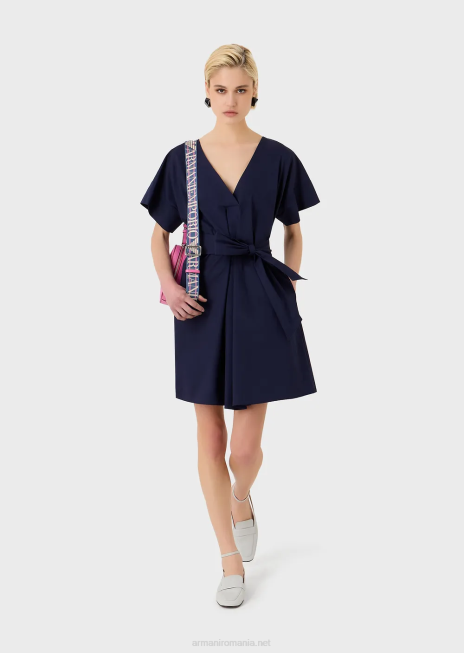 femei R802G93 rochie din bumbac șlefuit cu eșarfă Armani albastru marin