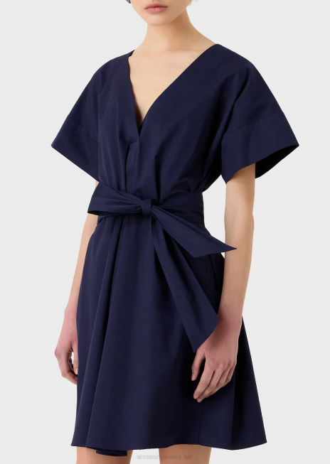 femei R802G93 rochie din bumbac șlefuit cu eșarfă Armani albastru marin