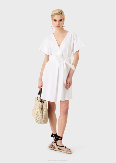 femei R802G94 rochie din bumbac șlefuit cu eșarfă Armani alb