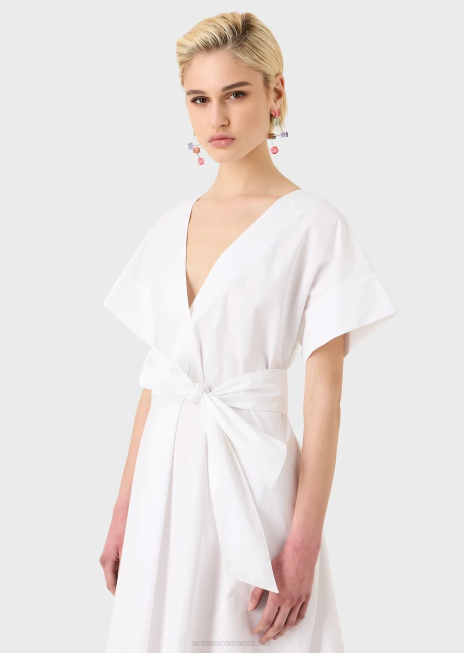 femei R802G94 rochie din bumbac șlefuit cu eșarfă Armani alb