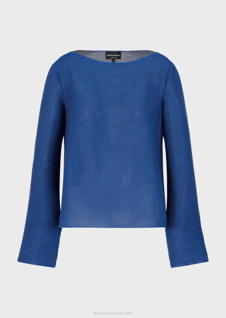 femei R802G198 pulover cu gâtul barcă din țesătură bară cu nervuri Armani albastru