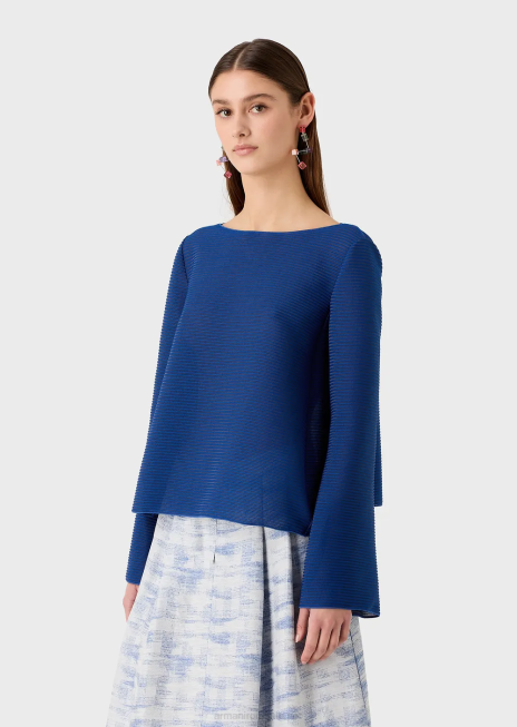 femei R802G198 pulover cu gâtul barcă din țesătură bară cu nervuri Armani albastru