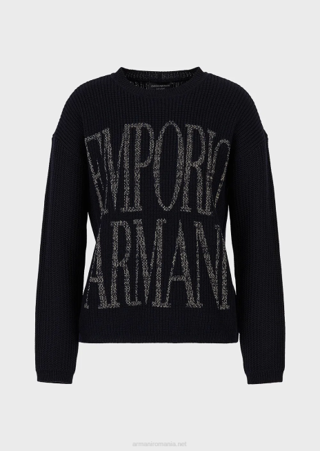 femei R802G200 Pulover din amestec de lână cu cusături de porumb, cu sigla jacquard Armani albastru marin