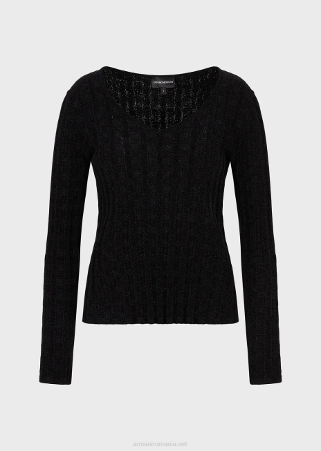 femei R802G201 Pulover cu decolteu în V din țesătură jacquard lurex check Armani negru