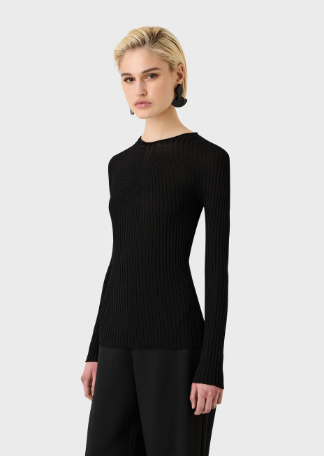 femei R802G207 Pulover cu coaste fără cusături, cu jug în dungi din material elastic Armani negru