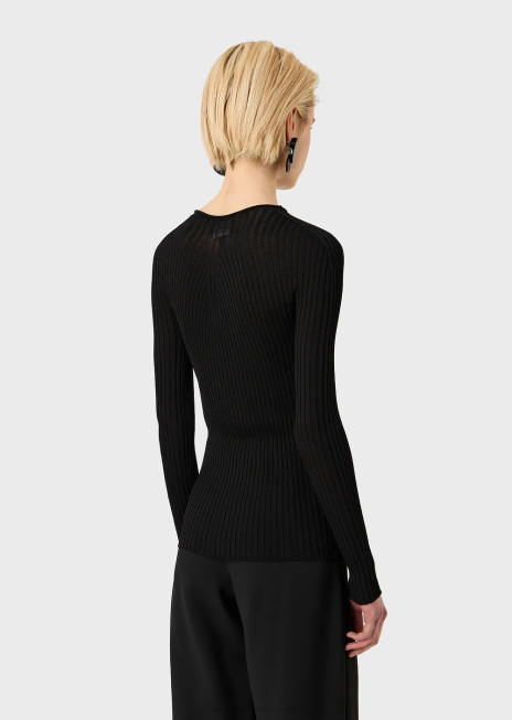 femei R802G207 Pulover cu coaste fără cusături, cu jug în dungi din material elastic Armani negru