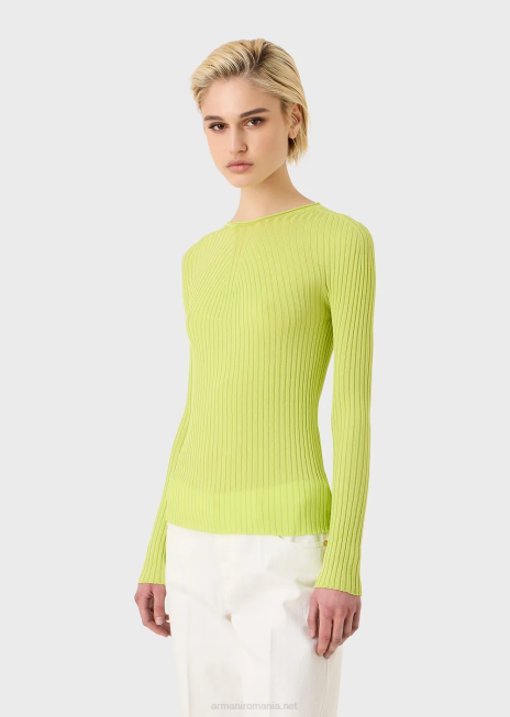 femei R802G208 Pulover cu coaste fără cusături, cu jug în dungi din material elastic Armani verde lime