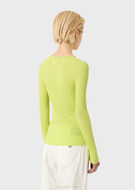 femei R802G208 Pulover cu coaste fără cusături, cu jug în dungi din material elastic Armani verde lime