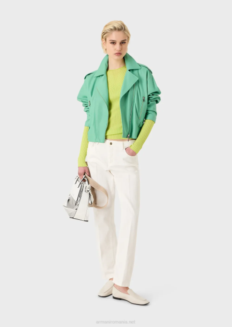 femei R802G208 Pulover cu coaste fără cusături, cu jug în dungi din material elastic Armani verde lime