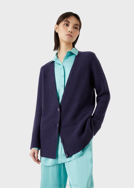femei R802G210 Cardigan cu decolteu în V fără cusături din lână și cașmir cu cusături de legături Armani Violet