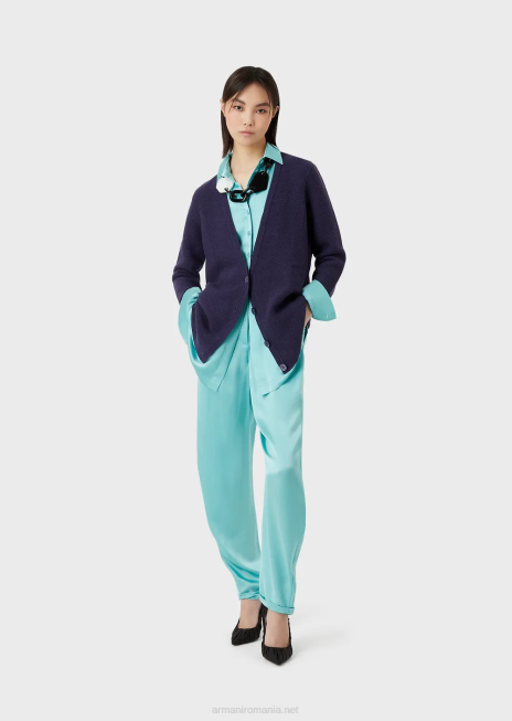 femei R802G210 Cardigan cu decolteu în V fără cusături din lână și cașmir cu cusături de legături Armani Violet