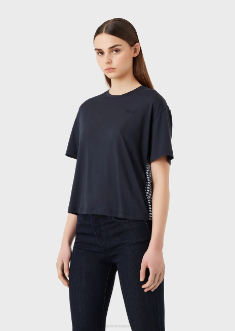 femei R802G426 tricou din jerse elastic organic cu imprimeu la spate Armani albastru marin