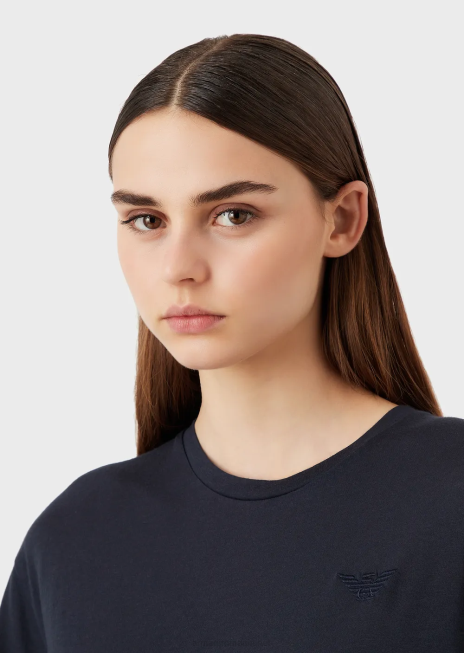 femei R802G426 tricou din jerse elastic organic cu imprimeu la spate Armani albastru marin