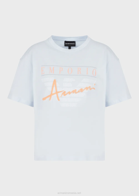 femei R802G430 tricou ușor din jerseu organic, cu litere din material textil în relief și imprimeu cu logo Armani azur