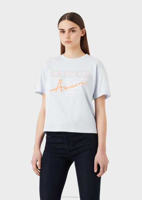 femei R802G430 tricou ușor din jerseu organic, cu litere din material textil în relief și imprimeu cu logo Armani azur