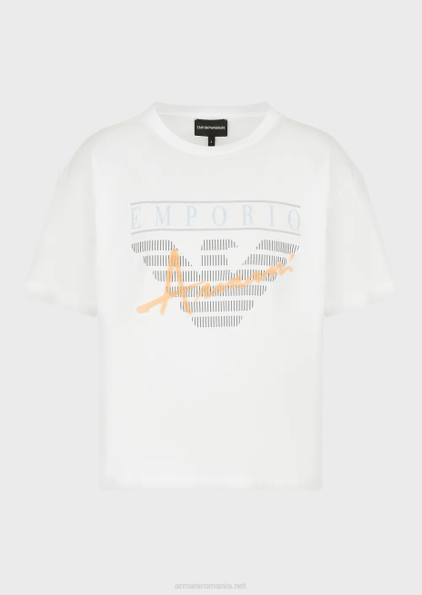 femei R802G431 tricou ușor din jerseu organic, cu litere din material textil în relief și imprimeu cu logo Armani alb