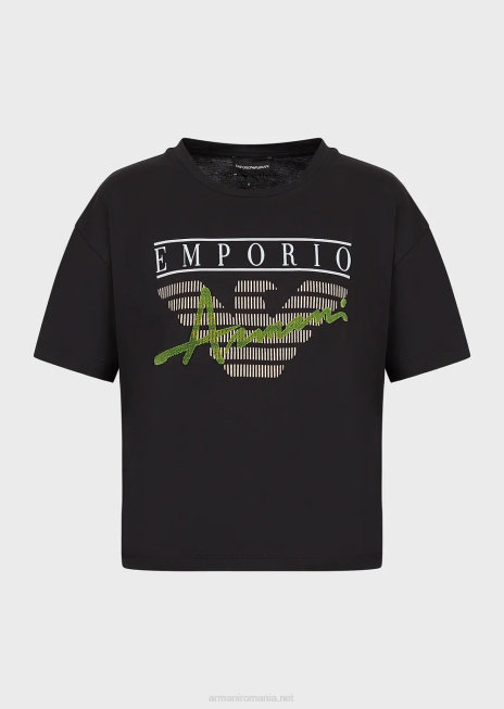 femei R802G432 tricou ușor din jerseu organic, cu litere din material textil în relief și imprimeu cu logo Armani negru