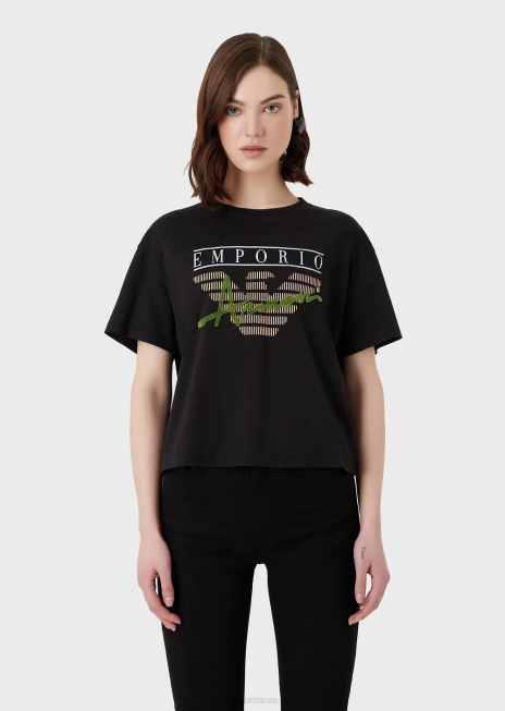 femei R802G432 tricou ușor din jerseu organic, cu litere din material textil în relief și imprimeu cu logo Armani negru