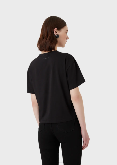 femei R802G432 tricou ușor din jerseu organic, cu litere din material textil în relief și imprimeu cu logo Armani negru