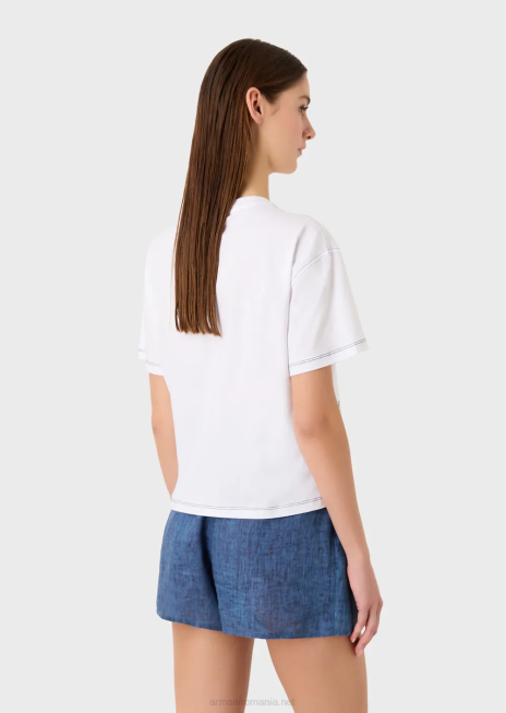 femei R802G433 Tricou mare capsulă din jerseu ușor cu broderie logo și vultur batik Armani alb