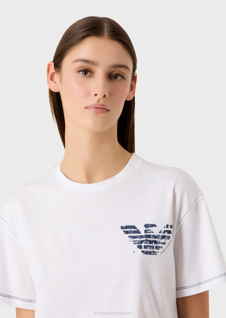 femei R802G433 Tricou mare capsulă din jerseu ușor cu broderie logo și vultur batik Armani alb