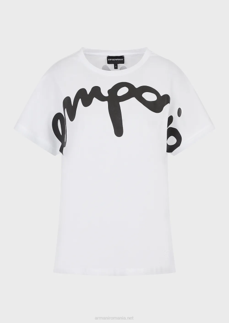 femei R802G434 tricou ușor din jerseu organic, cu logo-ul italic cauciucat supradimensionat Armani alb