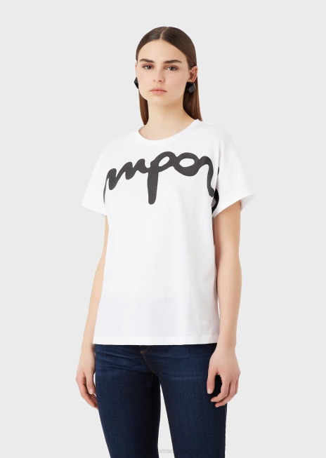 femei R802G434 tricou ușor din jerseu organic, cu logo-ul italic cauciucat supradimensionat Armani alb