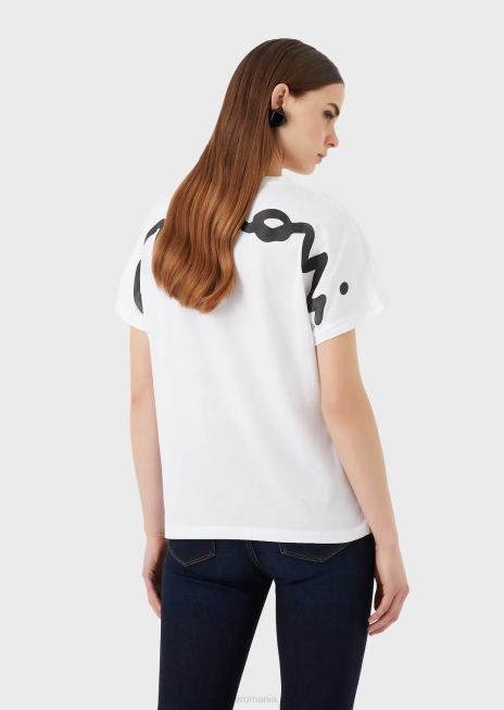 femei R802G434 tricou ușor din jerseu organic, cu logo-ul italic cauciucat supradimensionat Armani alb