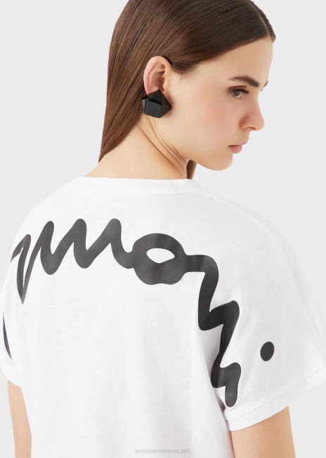 femei R802G434 tricou ușor din jerseu organic, cu logo-ul italic cauciucat supradimensionat Armani alb
