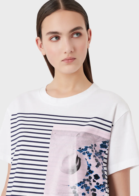 femei R802G435 Tricou din jerseu ușor imprimat colecția capsule mare Armani in dungi