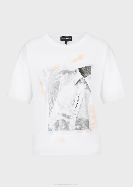 femei R802G436 tricou mediu din jerseu organic cu imprimeu de cămașă și broderie de aproape Armani alb