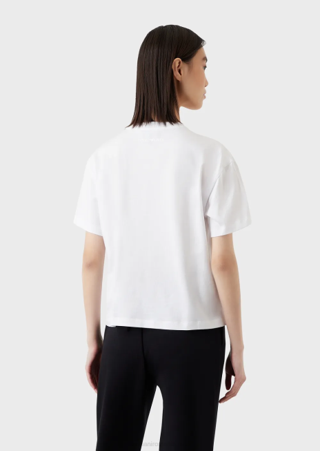 femei R802G436 tricou mediu din jerseu organic cu imprimeu de cămașă și broderie de aproape Armani alb