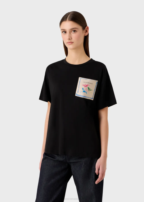 femei R802G439 tricou ușor din jerseu organic cu plasture cu logo-ul colecției Armani negru