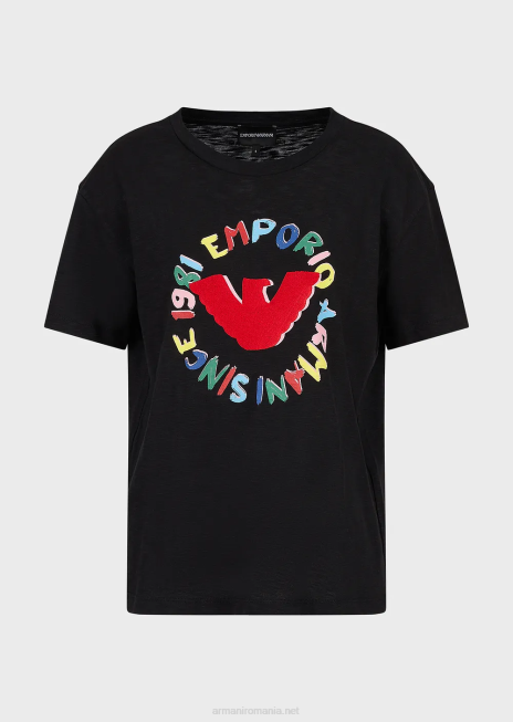 femei R802G441 tricou din jerseu slub cu imprimeu vultur și broderie Armani negru