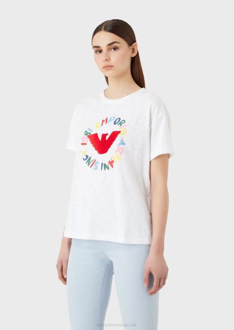 femei R802G442 tricou din jerseu slub cu imprimeu vultur și broderie Armani alb