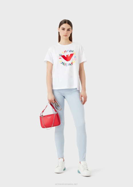 femei R802G442 tricou din jerseu slub cu imprimeu vultur și broderie Armani alb