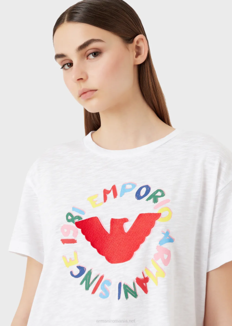 femei R802G442 tricou din jerseu slub cu imprimeu vultur și broderie Armani alb