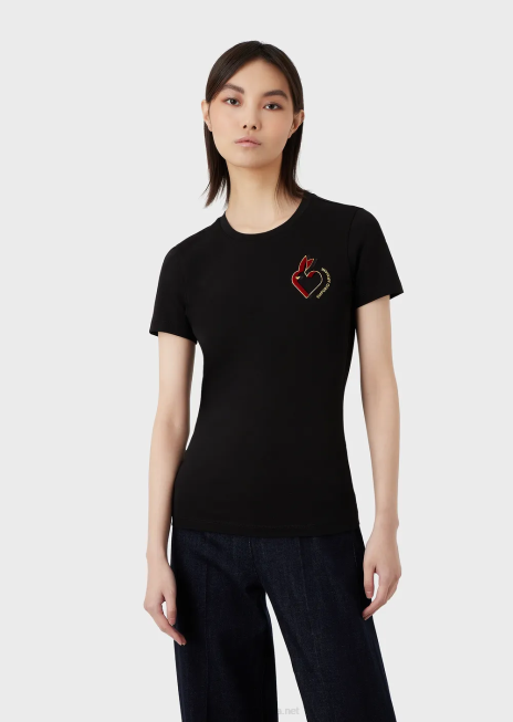 femei R802G448 tricou din jerseu stretch cu broderie Armani negru