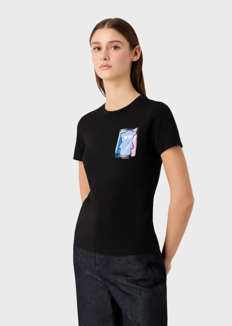 femei R802G453 tricou din jerseu stretch cu imprimeu manga urs Armani negru