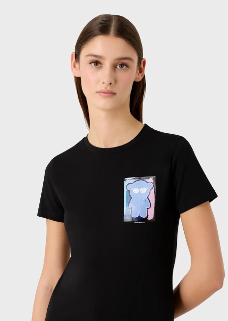 femei R802G453 tricou din jerseu stretch cu imprimeu manga urs Armani negru