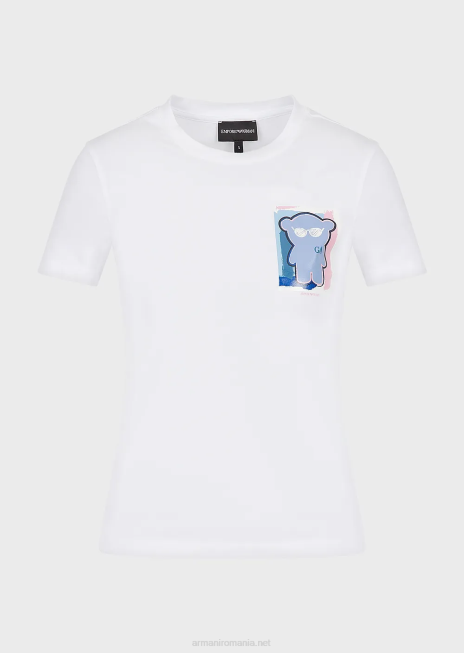 femei R802G454 tricou din jerseu stretch cu imprimeu manga urs Armani alb