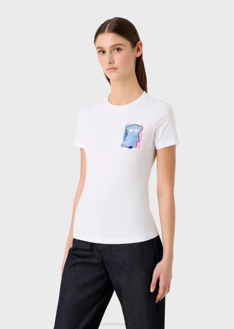 femei R802G454 tricou din jerseu stretch cu imprimeu manga urs Armani alb